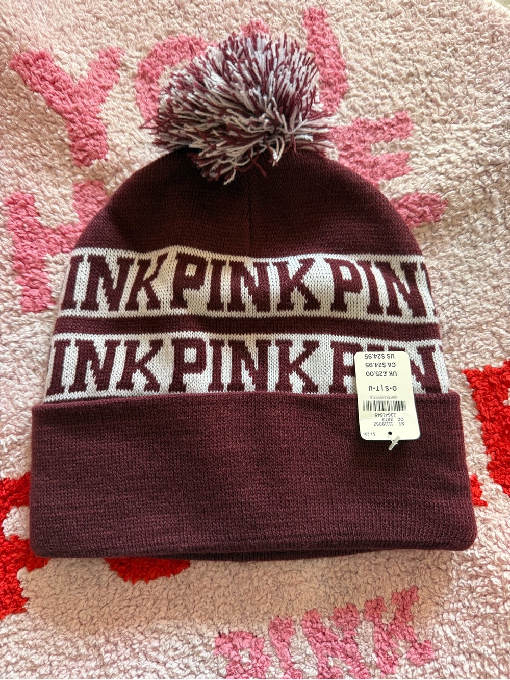 PINK Victoria's Secret Maroon Knit Pom Beanie with White Logo